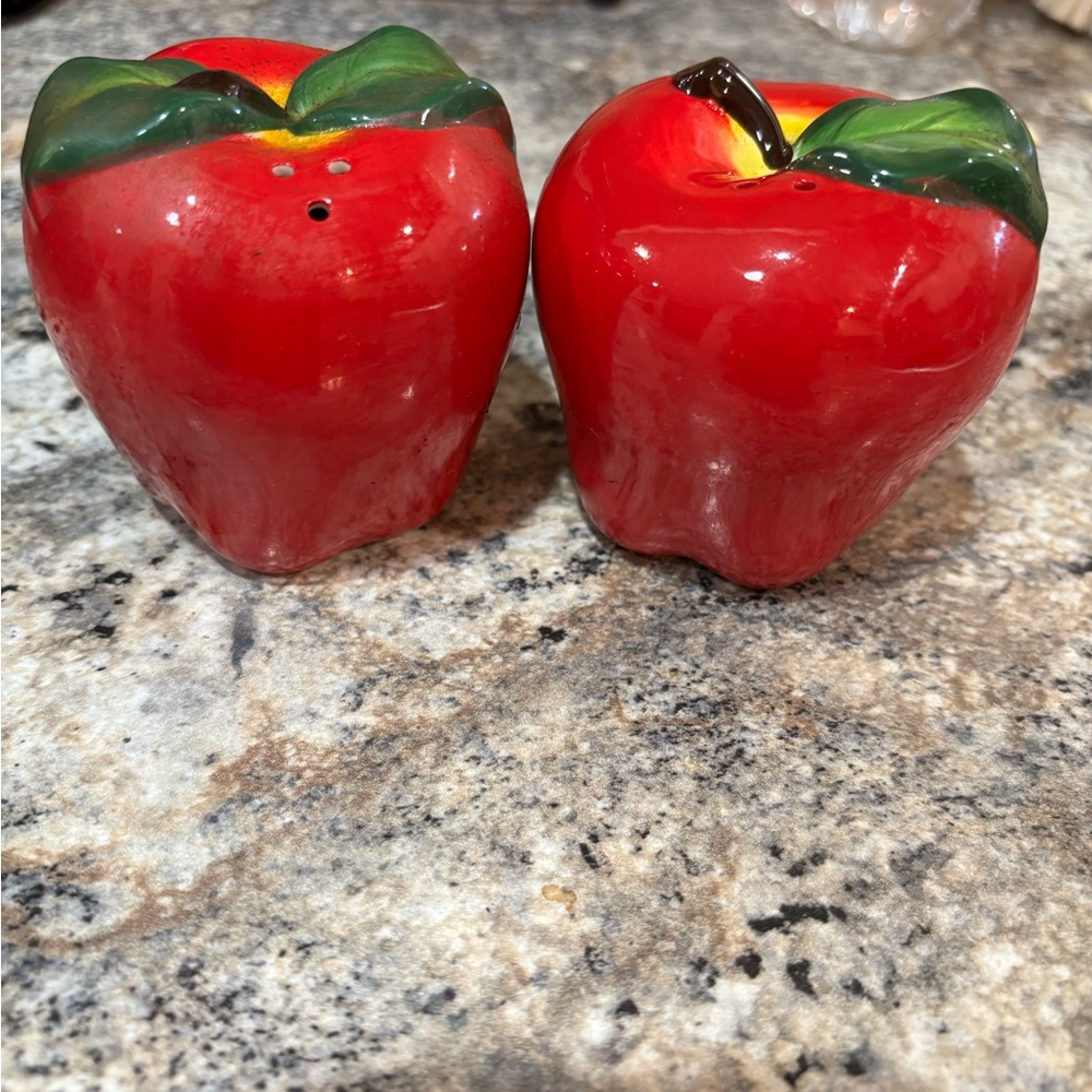 Vintage 80's Red Ceramic Apple Salt and Pepper Shakers Grandma Core
